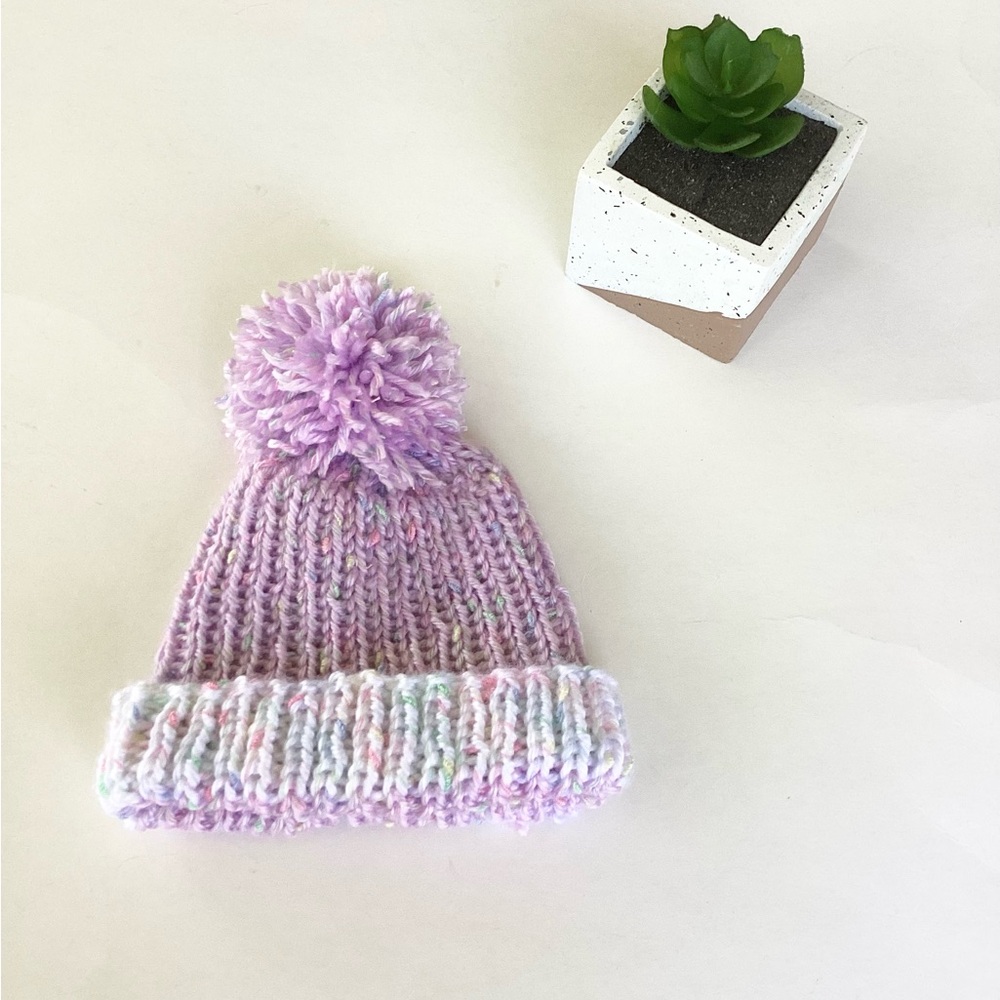 Baby Hat Hand Crafted Purple Knit Pom-Pom Beanie - Picture 2 of 13